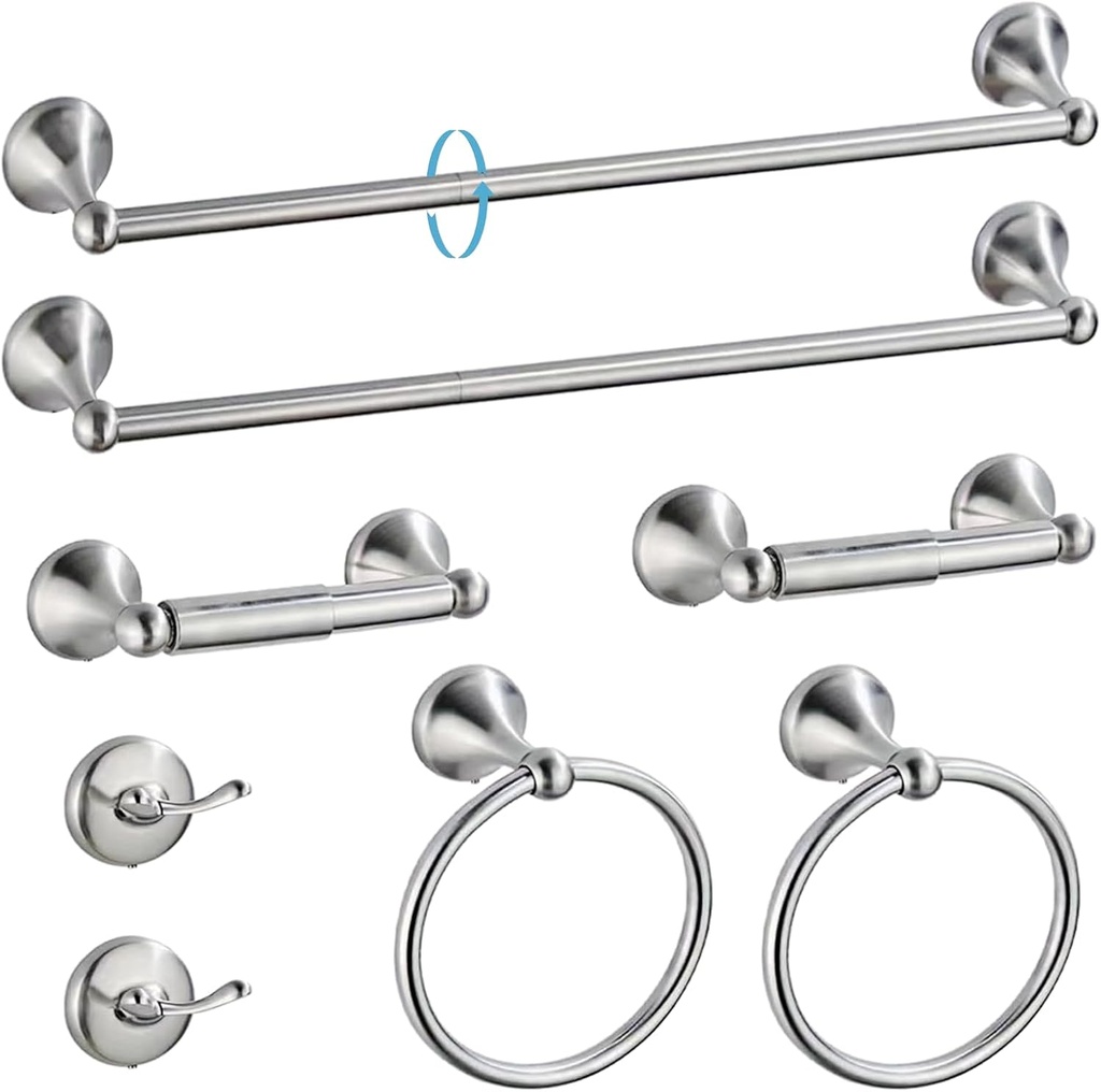 8-Pieces Bathroom Hardware Set, Bathroom Accessory Set, Includes 15"/24" Adjustable Bath Towel Bar, Towel Rings Wall Mounted, Toilet Paper Holder, Robe Towel Hooks (Brushed Nickel)
