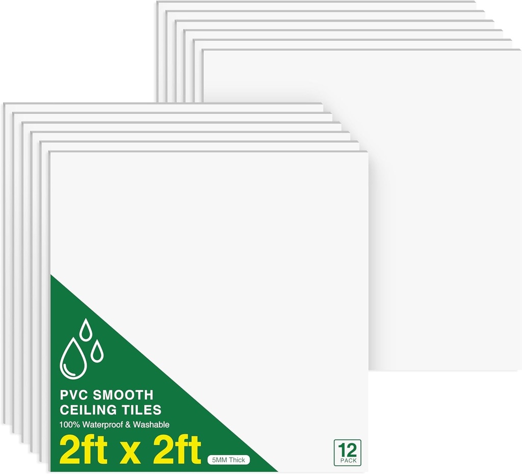 NEWPEAS Smooth Drop Ceiling Tiles 2ft x 2ft - Premium PVC to Prevent Breakage - Waterproof, Fire-Rated, Easy Drop-in Installation - Ceiling Tiles 24" x 24", White, 12-Pack Cover 48 Sq. Ft