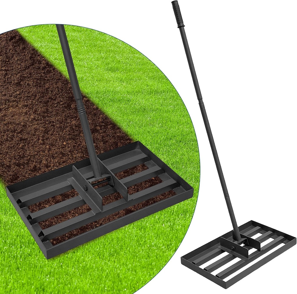 Lawn Leveling Rake,Steel Leveling Rake for Soil,Yard Dirt Leveling Rakes for Grass,Lawn Leveling Tool with Adjustable Handle (Black Metal 17”x10”)