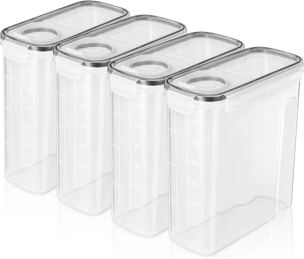4-Pack Airtight Food Storage Containers with Lids, BPA-Free Plastic Dispenser Canisters for Cereal, Pasta, Flour, Sugar, Pantry Organization & Kitchen Storage, Easy Stackable Design