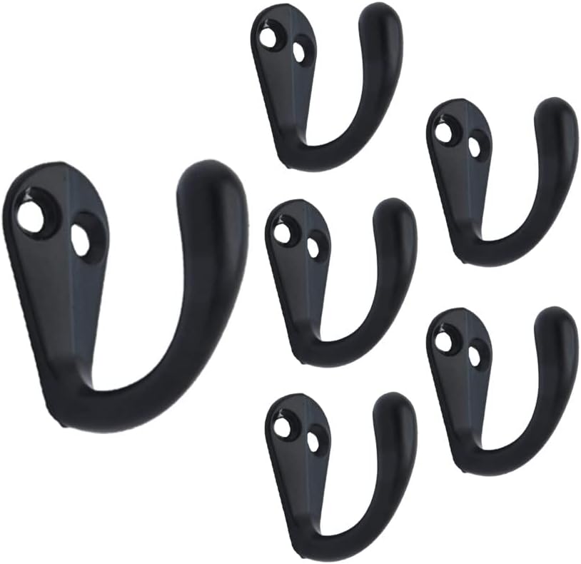 QCAA Premium Quality Single Prong Robe Hook Hanger, Zinc Die Cast, Matte Black, 6 Pack