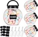 Baderke 4 Sets Plastic Candy Jar with Lid and 4 Scoops 33.8 oz Clear Containers for Candy Buffet Round Cookie Jars with Labels for Snack Food Kitchen Counter Decorative Display Party
