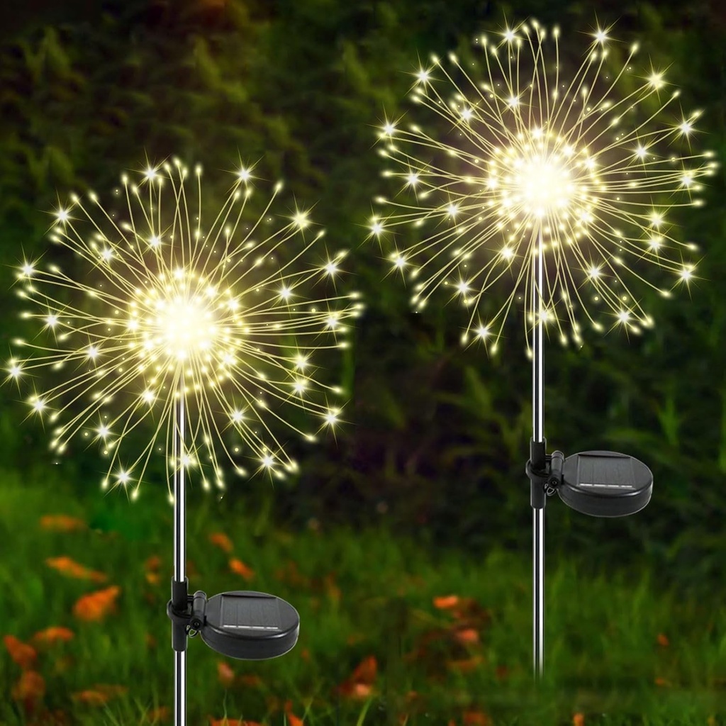 Solar Garden Lights Outdoor, 2 Pack 120 LED Twinkling Firework Lights Decorative with 2 Modes, Outdoor Waterproof Solar Starburst Light for Outside Yard Pathway Garden Decor, Warm White