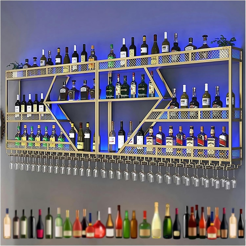 Wine Rack Wall Mounted With LED Light Metal Floating Shelves With Hanging Wine Glass Holder Liquor Bottle Display Shelf Industrial Storage Racks For Bar Wine Cellar Kitchen Decorate Black/Gold (