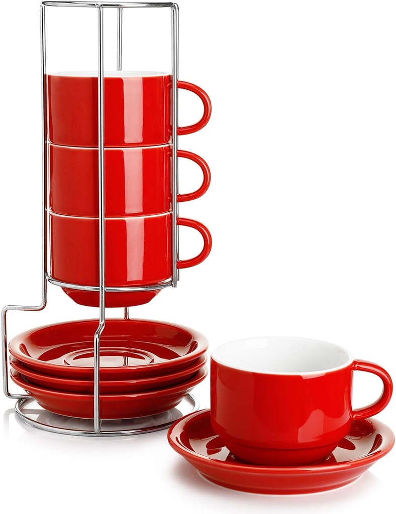 Sweese 8 Ounce Porcelain Stackable Cappuccino Cups with Saucers and Metal Stand - for Specialty Coffee Drinks, Cappuccino, Latte, Americano and Tea - Set of 4, Red