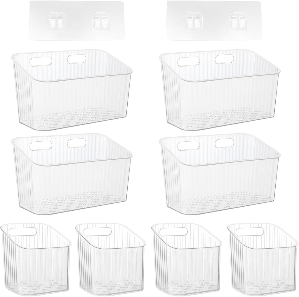 8 Pcs Storage Organizer Bins Wall Mounted Baskets, Clear Plastic Hanging Bins, Stackable Cabinet Door Organizers for Kitchen, Bathroom,Wall Refrigerator, Pantry