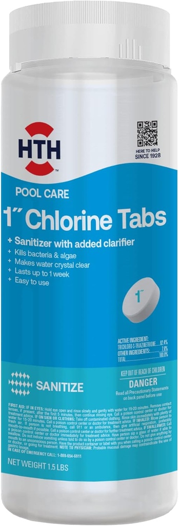 HTH 42049 Pool Care 1" Chlorine Tabs, Swimming Pool Sanitizer with Added Clarifier - Eliminates Bacteria & Algae, Makes Water Clean & Crystal Clear, Sanitizes & Protects - Slow Dissolving, 1.5 lbs