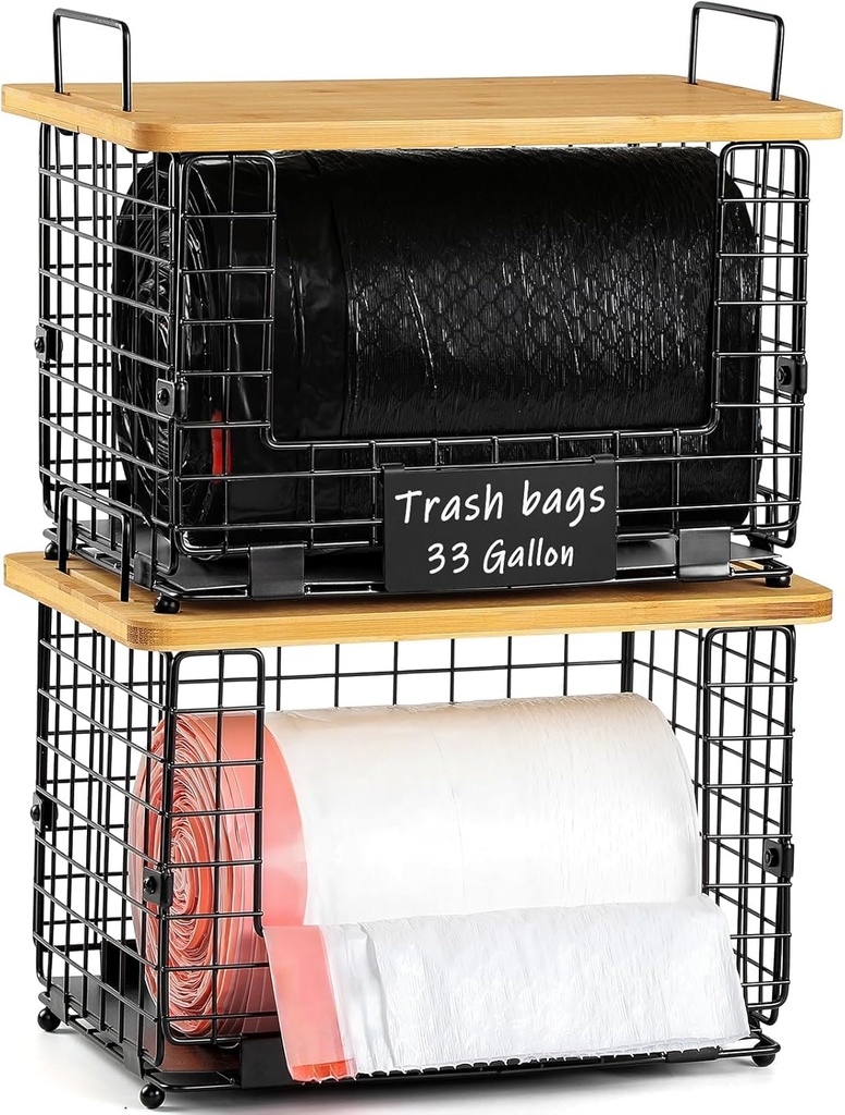 Upgrade Larger, Fit 13/30/33+ Gallon Trashbag Perfectly - 1 SET Stackable Trash Bag Holder with Tags & Bamboo Top, Garbage Bag Dispenser Stand, Kitchen Pantry Under Sink Laundry Room Organizer Basket