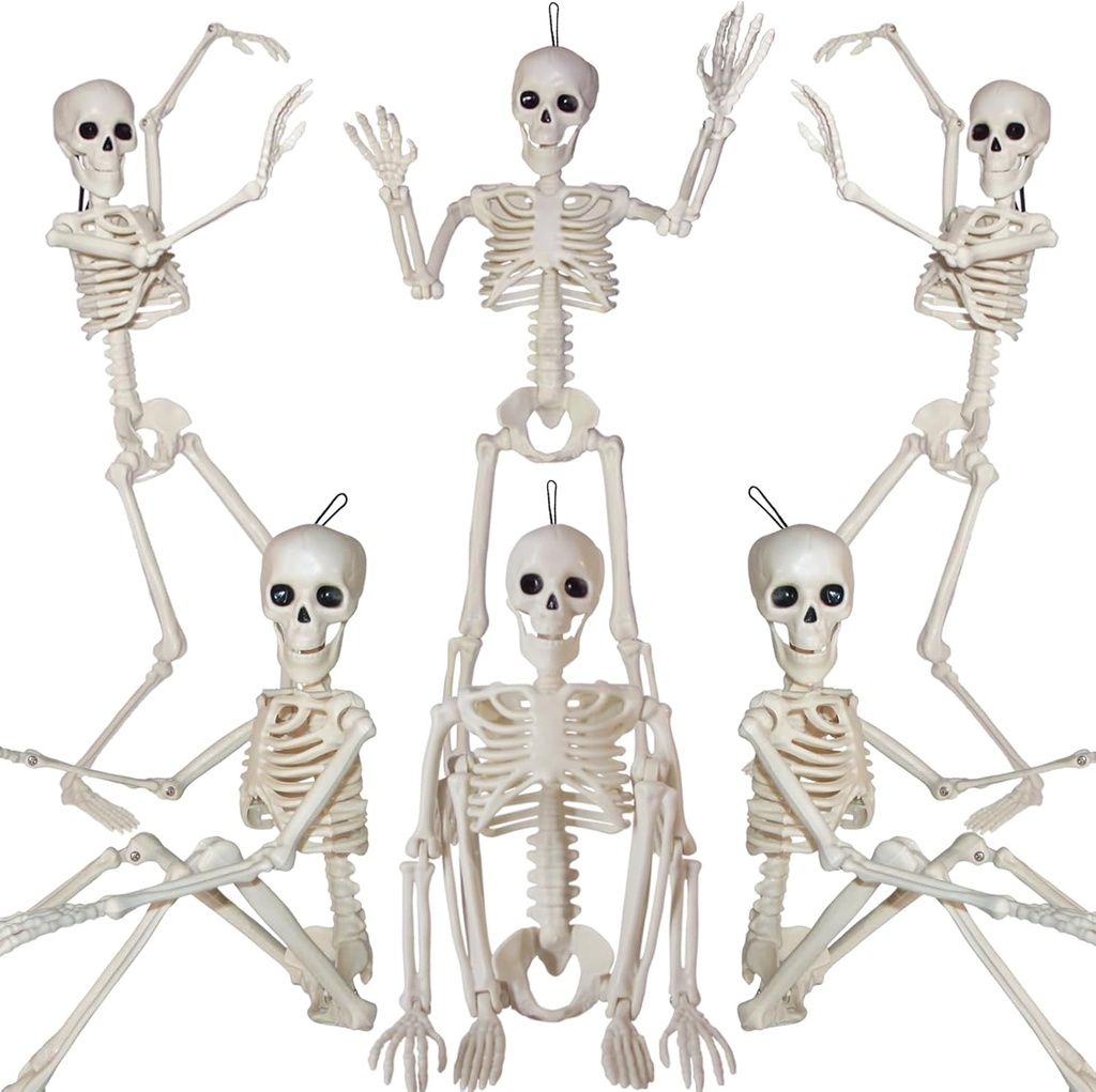 6PCS Halloween Skeleton Decorations Indoor Outdoor - 16" Full Skull Body with Movable Joint Skeleton for Halloween Indoor Outdoor Party Decor Spooky Scary Yard Lawn Garden Patio Haunted House