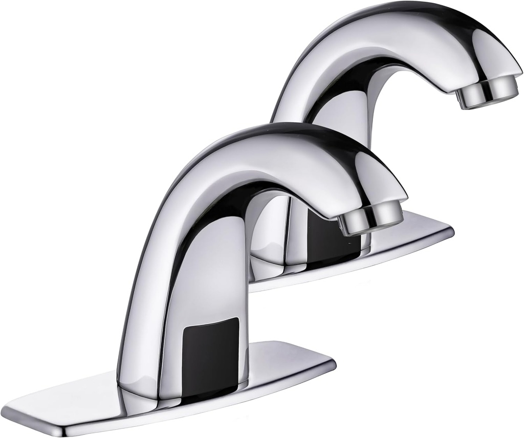 Touchless Bathroom Sink Faucet 2Pcs Automatic Motion Sensor Hands Free Faucet with Hole Cover Plate and Temperature Mixer, Commercial Solid Brass Faucet, AC/DC Powered 1 or 3 Hole (Chrome 2Pcs)