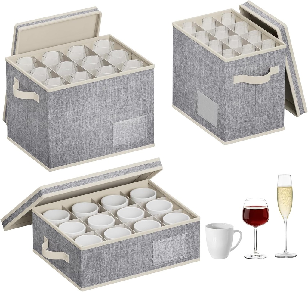 Lifewit 3 Pcs of Mug, Champagne and Wine Glass Storage Box with Dividers, Stackable Cationic Hard Shell Stemware Organizer Case 60 Cells in Total, Foldable Dustproof Goblets Containers, Light Grey