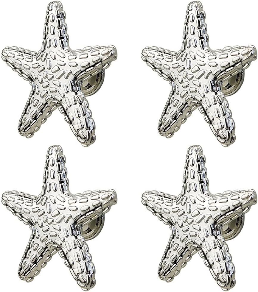 Mizhang Starfish Knobs 4 Pcs Marine Style Beach Seaside Starfish Knobs Hardware Accessories Home Furniture Decorative Kitchen Cabinet Drawer Dresser Cupboard Wardrobe Closet Door Pull Handle (Silver)