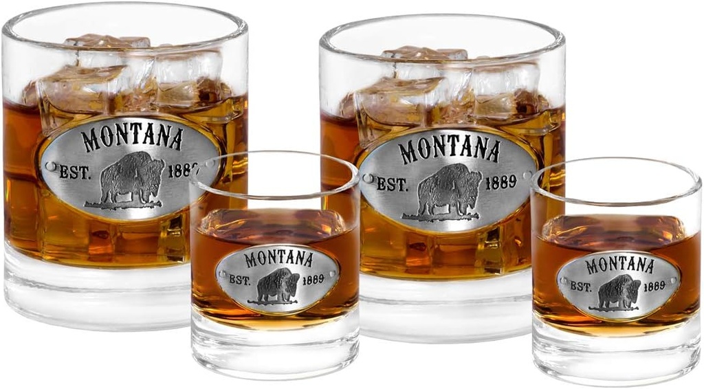 Americaware Whiskey Glass & Shot Sets With Etched Montana Medallion, SET OF 2 EACH