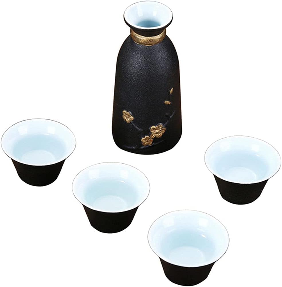 Refineness Sake Set, 5Pcs Set Japan Style Porcelain Vintage Ceramic Pot Liquor Spirits Cups Set Kitchen Dining Bar Drinkware Japanese Style Sake Wine Set/Red/One Size(Black)