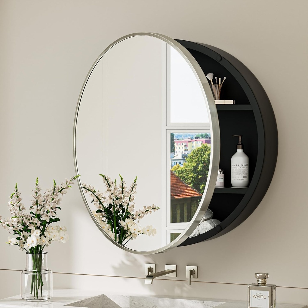 TokeShimi 26 x 26 Round Medicine Cabinet with Mirror, Brushed Nickel Circular Bathroom Medicine Cabinet with Stainless Steel Metal Frame, Detachable Shelves, Shatterproof, Wall Mounted Only