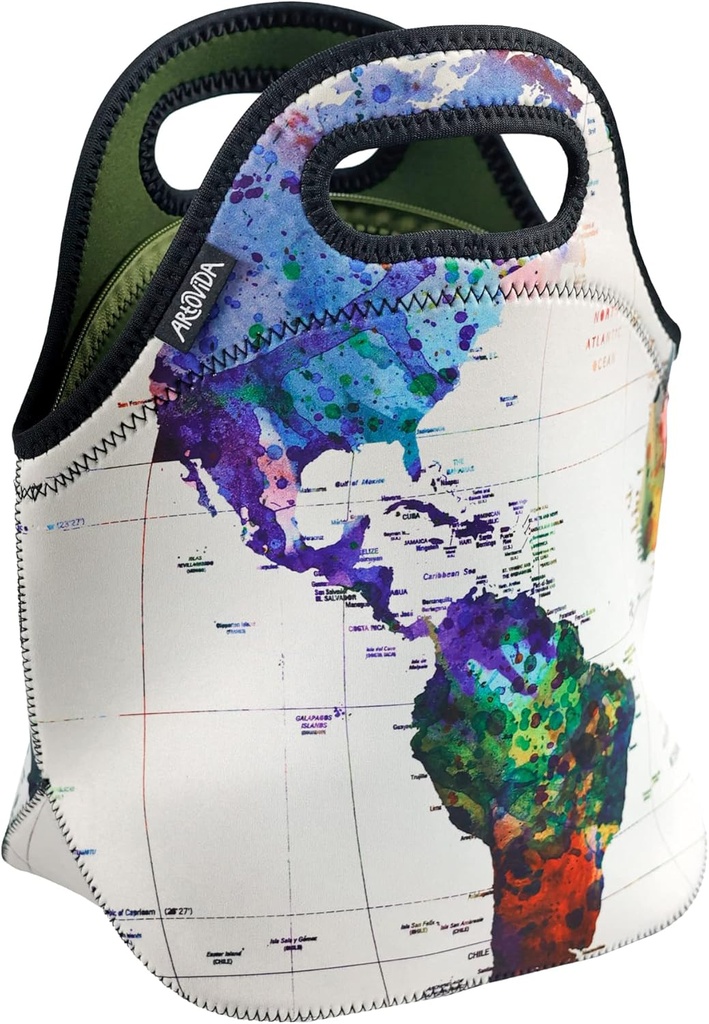 Artovida Artists Collective Insulated Neoprene Lunch Bag - Washable Soft Lunch Tote for Work and Picnic - Design by Mark Ashkenazi (Israel) World Map - Classic