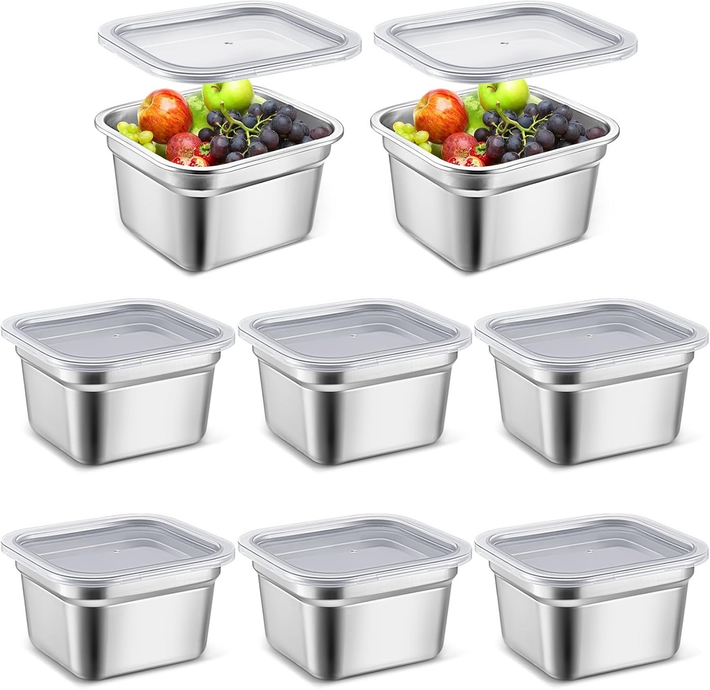 8 Pcs 1/6 Size Hotel Steam Table Pans with Lids, Stainless Steel Food Containers and PP Plastic Covers, Anti-clogging Steamer Pans for Buffet, Catering, Restaurant, and Food Prep(4" Deep)