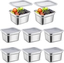 8 Pcs 1/6 Size Hotel Steam Table Pans with Lids, Stainless Steel Food Containers and PP Plastic Covers, Anti-clogging Steamer Pans for Buffet, Catering, Restaurant, and Food Prep(4" Deep)
