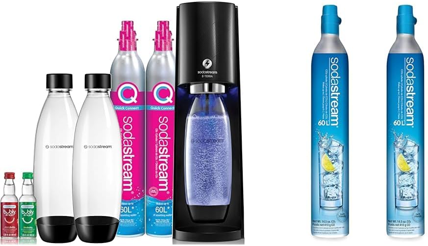 SodaStream E-TERRA Sparkling Water Maker Bundle (Black), with CO2, Carbonating Bottles, and bubly Drops Flavors & 60 L Co2 Exchange Carbonator, 14.5 Oz, Set of 2, Plus $15