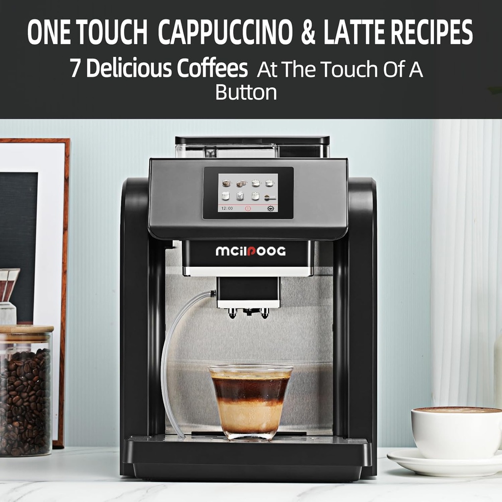 Mcilpoog ES317 Fully Automatic Espresso Machine，Milk Frother,Built-in Grinder，Intuitive Touch Display ，7 Coffee Varieties for Home, Office