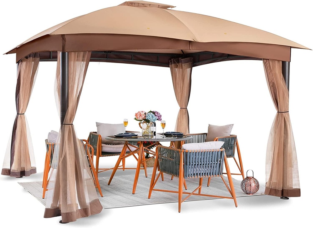 Gazebo for Patio, FAB BASED 10x12 Gazebo, Double Vent Canopy Gazebos, Outdoor Gazebos with Privacy Netting, Easy Setup Patio Pavilion with Steel Frame Strong Legs for Lawn, Backyard, and Deck(Khaki)