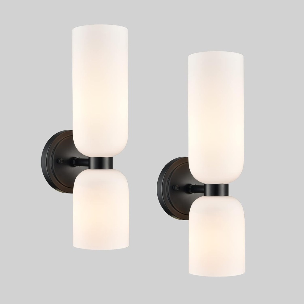 Black Wall Sconces Set of Two 2-Light Modern Wall Light Bathroom Vanity Light,Milky White Glass