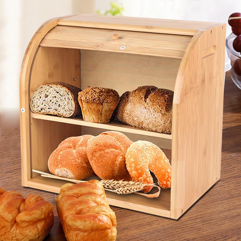 2 Tier Roll Top Bread Box Bamboo Bread Storage Container for Kitchen Countertop with Clamp Removable Layer for Storing Loaves,Pastries,Cookies, Fruit 14.96 * 9.84 * 14.57in
