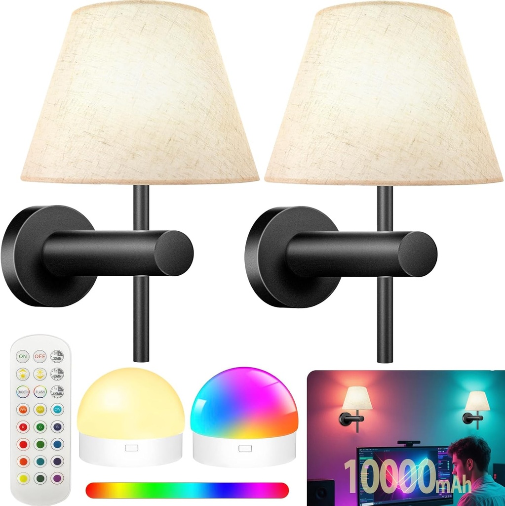 10000mAh Battery Operated Wall Sconces Set of Two, RGB Wireless Rechargeable Wall Lights with Magnetic Bulbs Wall Decor Wall Lamps with Remote for Bedroom/Fireplace/RV/Living Room/Corridor