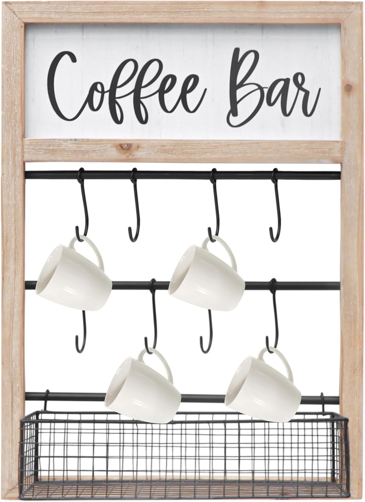 Coffee Mug Wall Rack with 8 Hooks and Storage Basket, Coffee Bar Organizer, Rustic Wood Hanging Cup Holder for Coffee Station, Kitchen, Home
