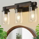 Bathroom Vanity Light Fixtures, Wooden Farmhouse Bathroom Lights Over Mirror Vintage Rustic Sconces Wall Lighting 3-Light Industrial Matte Black Vanity Light for Bathroom Bedroom Hallway Kitchen