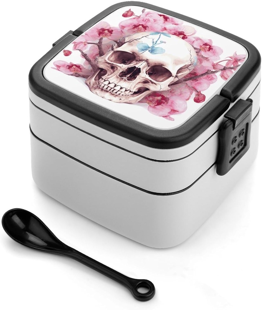 Stackable Double-Layer Bento Box Human Skull Pink Flowers Adults Lunchbox with Spoon Cute Japanese Bento Box Dishwasher Safe for Work Travel Dining Outc