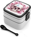Stackable Double-Layer Bento Box Human Skull Pink Flowers Adults Lunchbox with Spoon Cute Japanese Bento Box Dishwasher Safe for Work Travel Dining Outc