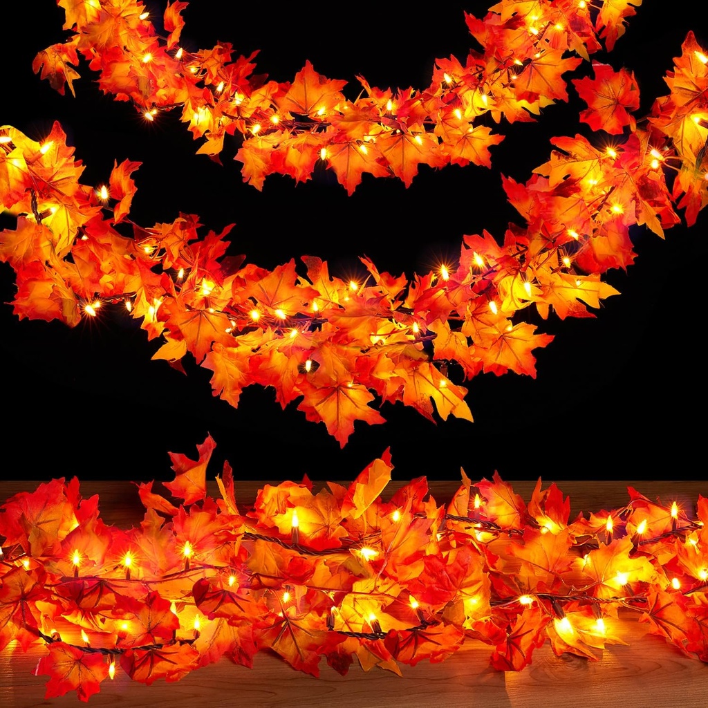 Thanksgiving Decorations for Home 9FT Plug in Thanksgiving Garland with Lights 50 Bulbs Maple Leaves Light, Connectable Fall Lights for Indoor Outdoor Harvest Thanksgivings Home Party Decorations