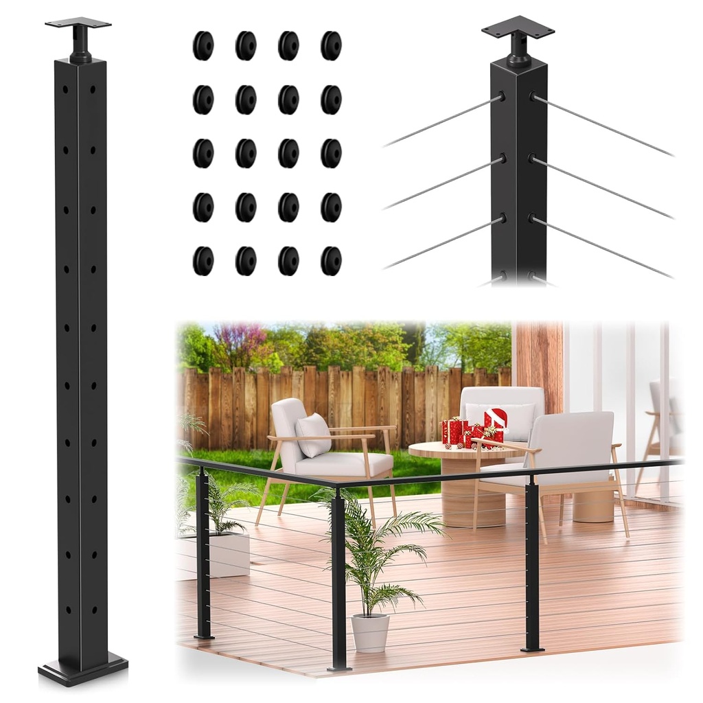 36" Corner Post Cable Railing, Upgrade Adjustable Top Bracket 90° L-Drilled Corner Wire Railing Post, Matte Black T304 Stainless Steel Corner Handrail Post for Indoor Outdoor Corner Project