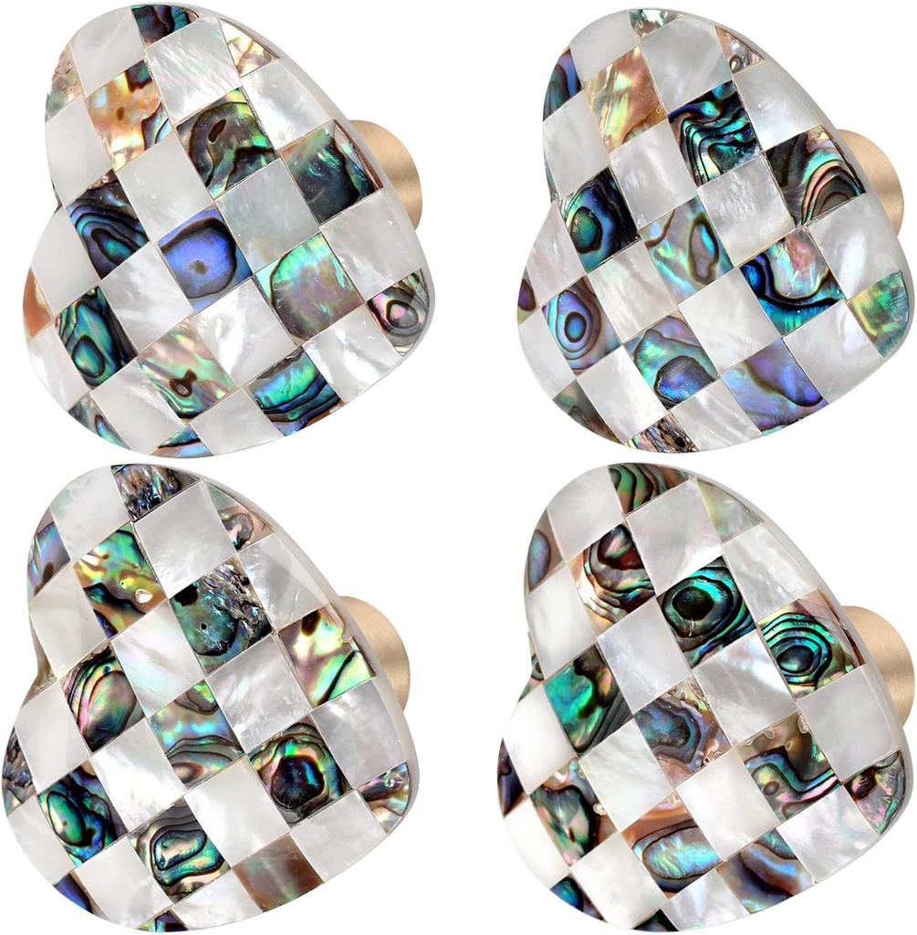 Rockcloud 4 PCS Abalone Shell Cabinet Knobs with Screws, Polished Hardware Pull Handles for Wardrobes Cupboards Closets Dressers Offices Home Decor, Heard-Shaped