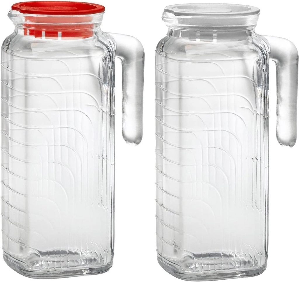Bormioli Rocco Gelo Glass Jugs with Handle & Spout - Set of 2, 41 Oz. Pitchers for Juice, Water, Milk & Lemonade - Italian Drinkware for Family Dining, Parties, Picnics, BBQs, Outdoor Entertaining