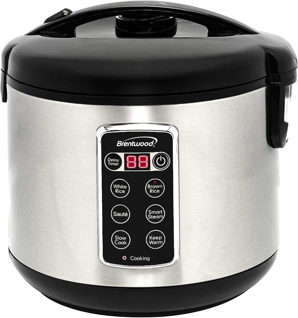 Brentwood 7-Function Smart Rice Multi-Cooker – Food Steamer, Slow Cooker, Sauté, Keep Warm, and 15hr Delay Timer with Spatula and Measuring Cup, Stainless Steel (16 Cups Cooked / 8 Cups Uncooked)