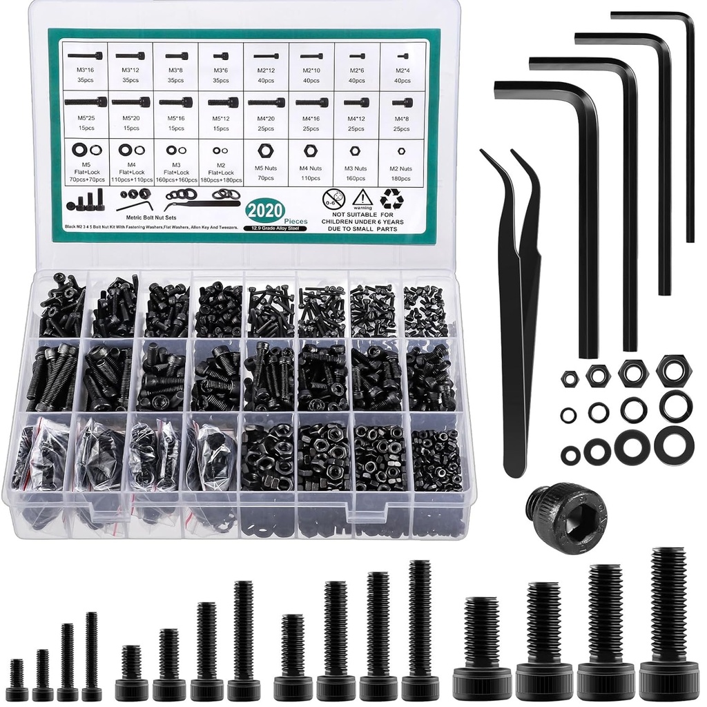 2024 Pcs Metric Screw Assortment, Bolts and Nuts Assortment Metric Machine Screw Assortment M2 M3 M4 M5, 12.9 Alloy Steel Black Zinc Plated Hex Socket Head Screws Nuts Bolts and Washers Set