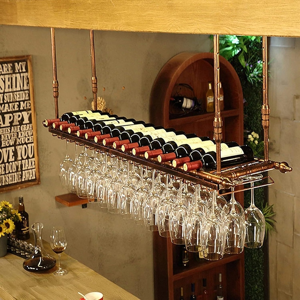 Wine Rack,Ceiling Shelf Ceiling-Type Wine Holder, Vintage Bar Floating Shelf, Adjustable Metal Wine Glass Rack, for Bar/Restaurant/Kitchen/Wine Cellar, Bronze