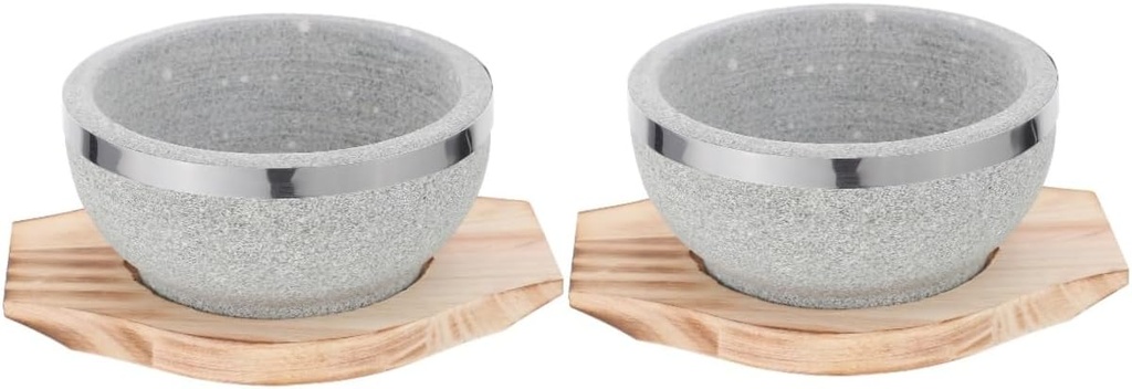 2pcs Stone Bowl Korean Dolsot with Tray Korean Soup Food Cooking Bowl Dolsot Hot Pot Bibimbap Makgeolli Wood Cooking Utensils with Ramen