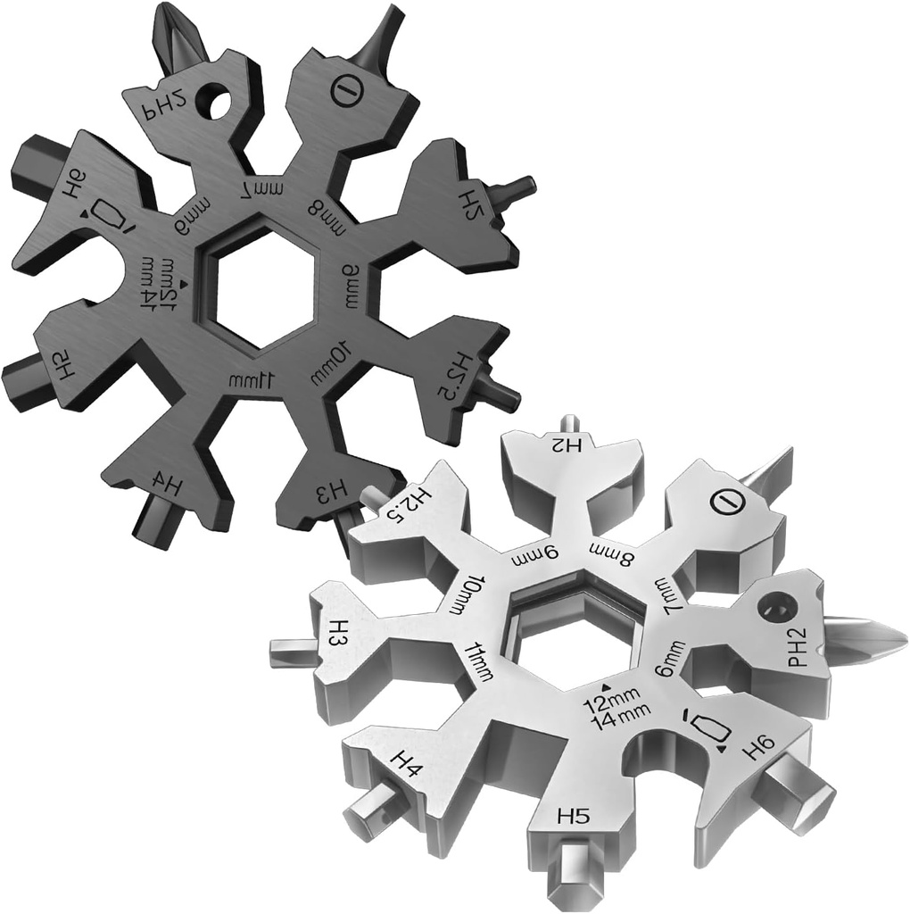 Vickay 2 Pack 18 in 1 Snowflake Multi Tool, Phillips Flat Screwdriver Kit/Wrench/Bottle Opener, EDC Camping Gear, Gifts for Men (Black+Silver)