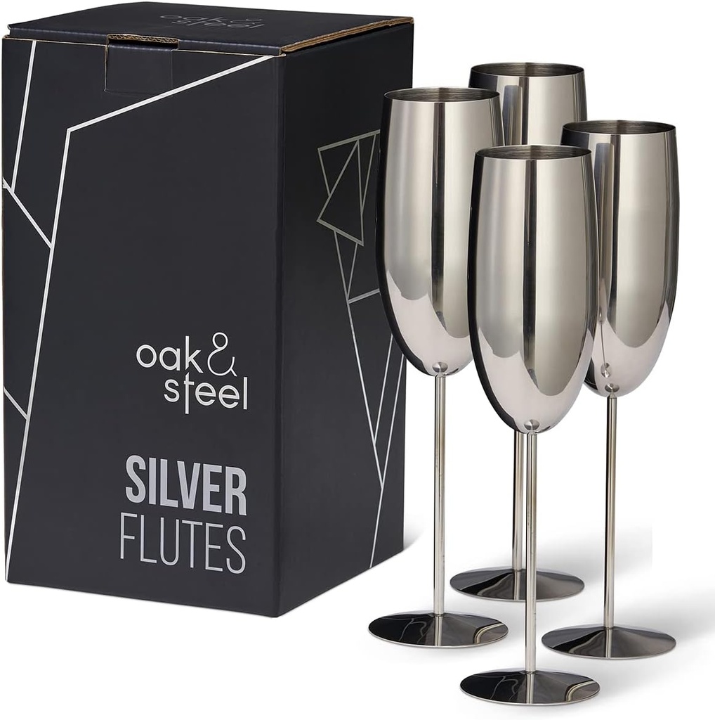 Oak & Steel - 4 Silver Stainless Steel Champagne Flutes 10 oz with Gift Box - Elegant, Solid & Unbreakable - Outdoor Parties, Picnic, Beach & Pool