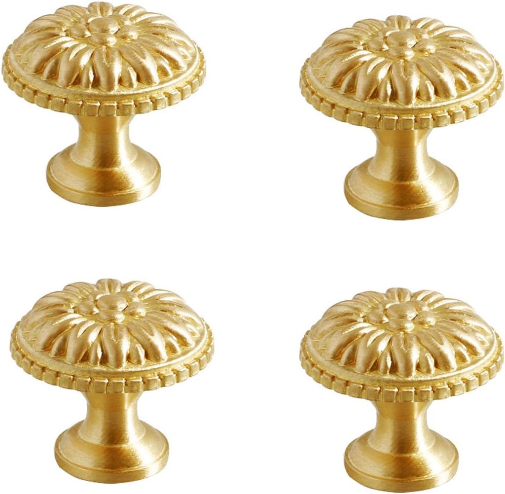 4PCS Vintage Brass Cabinet Knobs, Gold Dresser Drawer Knobs Kitchen Cupboard Bathroom Cabinet Round Handles Pulls for Home Cabinet Hardware Knobs