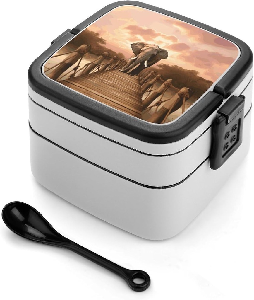 Elephant on A Bridge Bento Box Adult Lunch Box All-in-One Lunch Containers with Removable Compartments Double Layer Bento Lunch Box with Spoon And Handle Stackable Lunchbox