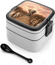 Elephant on A Bridge Bento Box Adult Lunch Box All-in-One Lunch Containers with Removable Compartments Double Layer Bento Lunch Box with Spoon And Handle Stackable Lunchbox