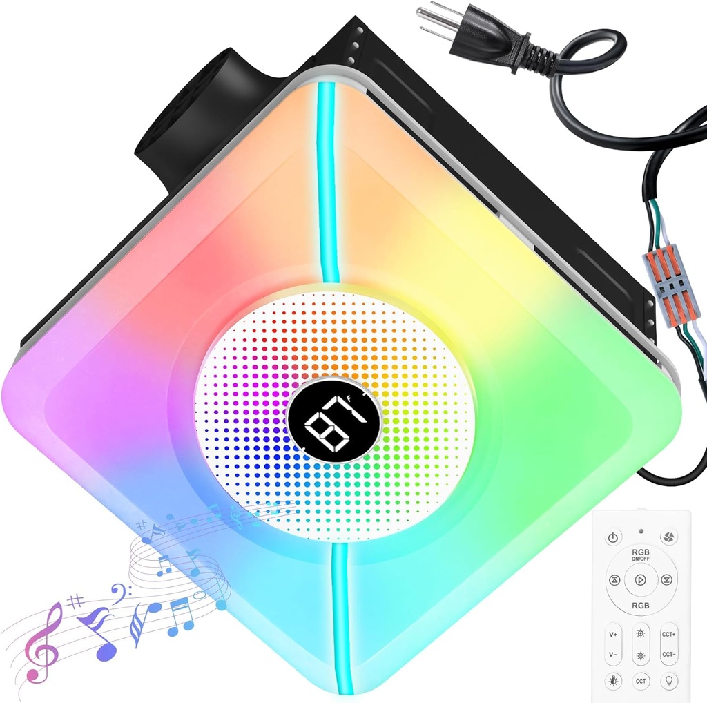 Bathroom Exhaust Fan with Bluetooth Speaker & Light, 230 CFM Ventilation Fan with 7 RGB Modes & 3 Music Rhythms, Plug & Play, Remote Control, 3000K-6500K Temperatures & Nightlight