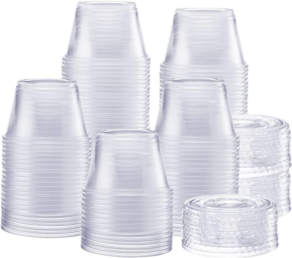 GUSTO [4 oz. - 200 Count Clear Disposable Plastic Portion Cups with Lids - Soufflé Cups, Jello Shot Cups With Lids, Clear Plastic Containers Perfect for salad Dressing and More
