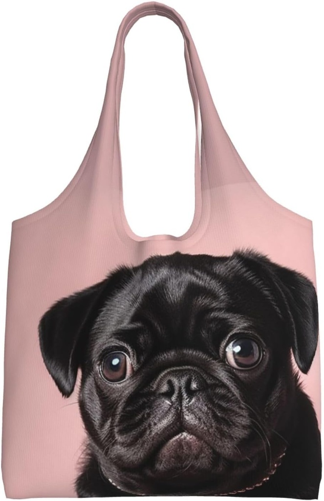 Cute Black Pug Canvas Tote Bag Reusable Grocery Bags Shopping Bags Large Canvas Bags with Handles