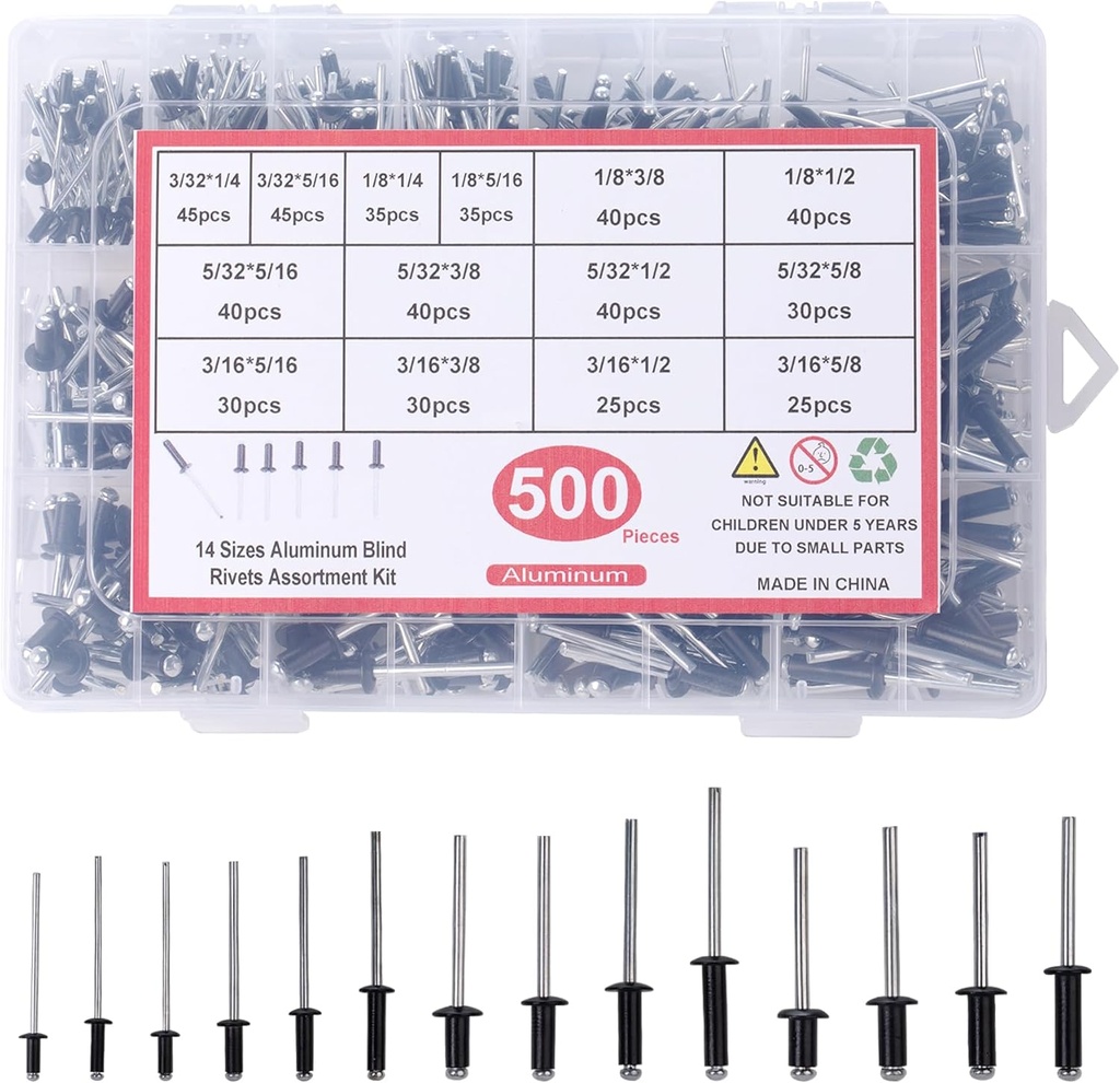 500pcs Pop Rivets Assortment Kit,14 Sizes Aluminum Rivets,Blind Rivets set,including 3/32" 1/8" 5/32" 3/16",metal Dome Head rivets Assortment kit with labels Storage boxes (Black)