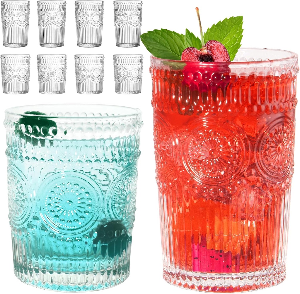 Vintage Striped Glassware 8 Set, Textured Drinking Glasses, 4 Highball 12oz & 4 Rocks 10oz, Juice Cups for Cocktails & Beverages, for Home and Bar